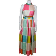 Blass Colored Square Print Organza Gown
