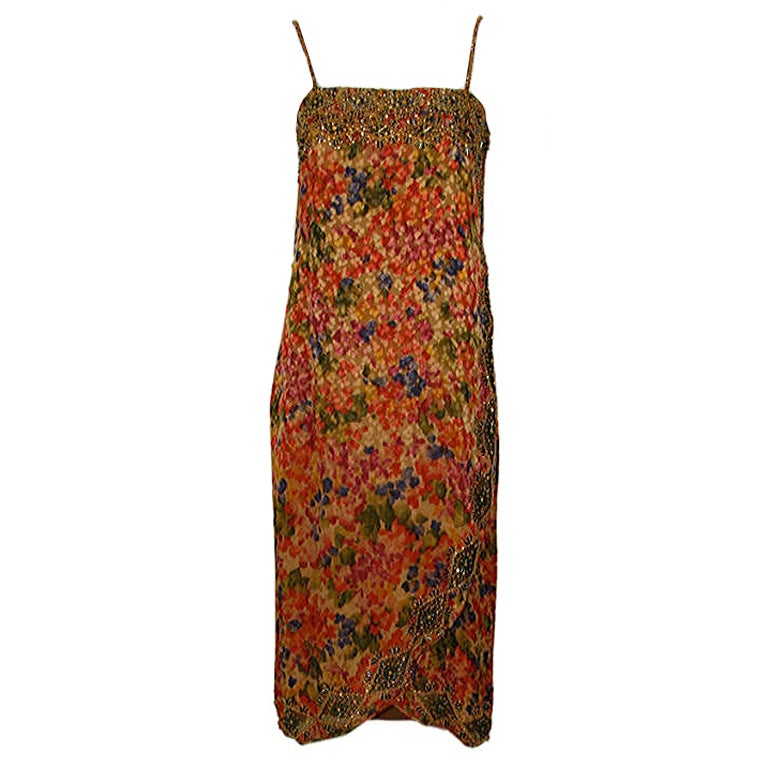 Galanos Muted Floral Print and Beaded Cocktail Dress at 1stdibs