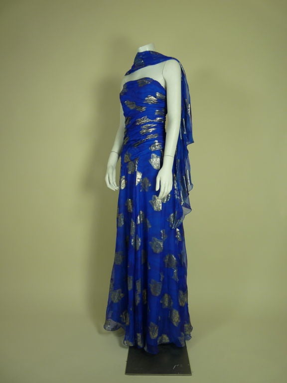 Purple Arnold Scaasi Blue Silk w/ Gold Lame Accent Gown