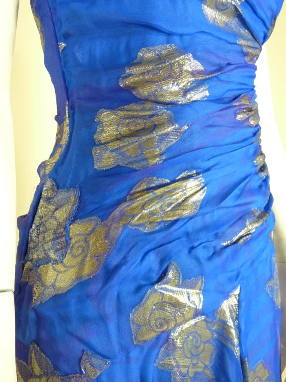Women's Arnold Scaasi Blue Silk w/ Gold Lame Accent Gown