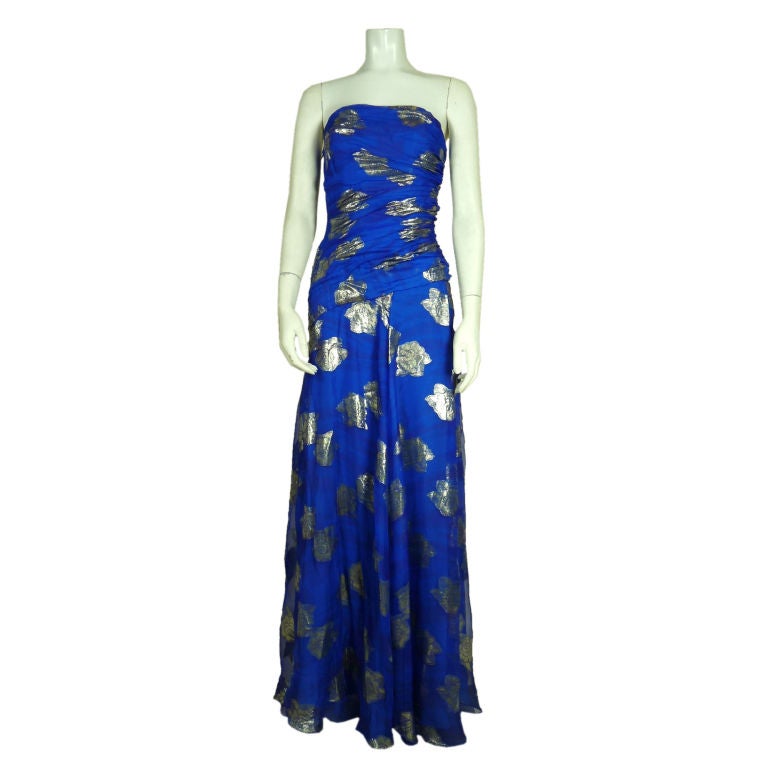 Arnold Scaasi Blue Silk w/ Gold Lame Accent Gown