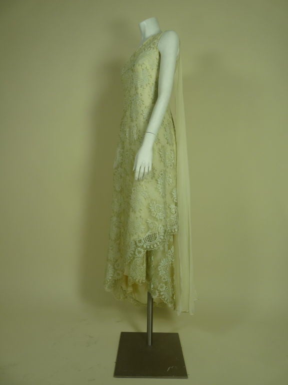 Green Stavropoulos 1980s Asymmetrical Metallic Lace & Silk Chiffon Gown