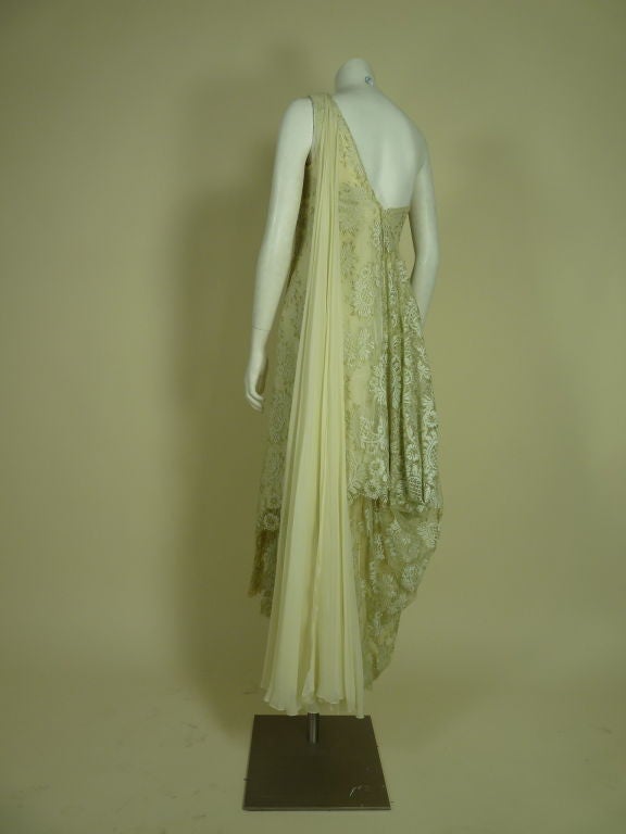 Stavropoulos 1980s Asymmetrical Metallic Lace & Silk Chiffon Gown In Excellent Condition In Los Angeles, CA