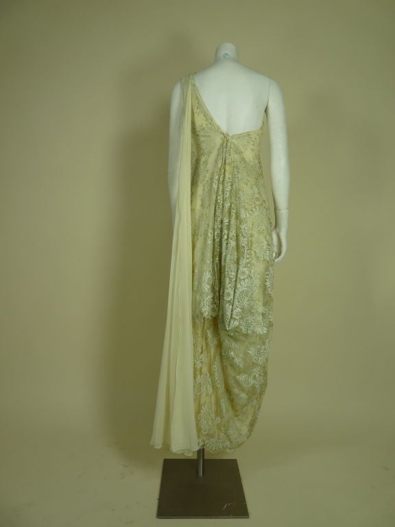 Women's Stavropoulos 1980s Asymmetrical Metallic Lace & Silk Chiffon Gown