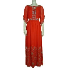Orange Silk Sequinned Indian Gown