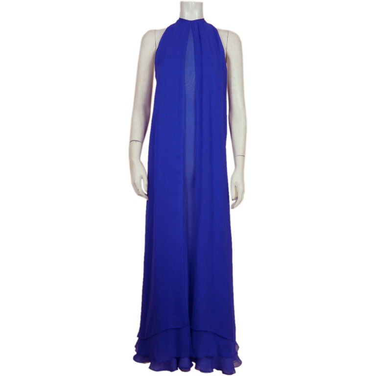 Stavropoulos Layered Blue Silk Chiffon Gown For Sale