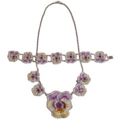Antique 1930's Painted Pansy Necklace and Bracelet Set