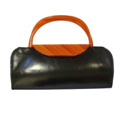 Vintage Ultra Chic Black Leather Bag with Bakelite Clasp and Handles