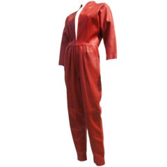 Vintage 1980's Vicky Tiel Red Leather Zip-Up " Cosmos" Jumpsuit