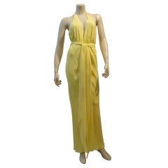 Retro 1980s Halston Yellow Silk Chiffon Halter Gown
