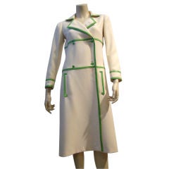 Retro Courrege Ivory Wool Coat with Green Leather Trim