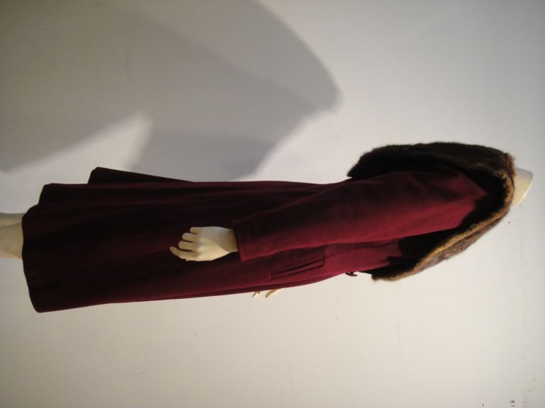 Black 1940s Burgundy Wool Coat w/ Mink Shawl Collar