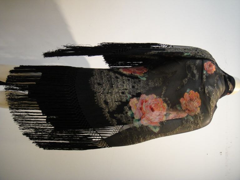 1920s French Silk Chiffon and Lame Floral Shawl 1