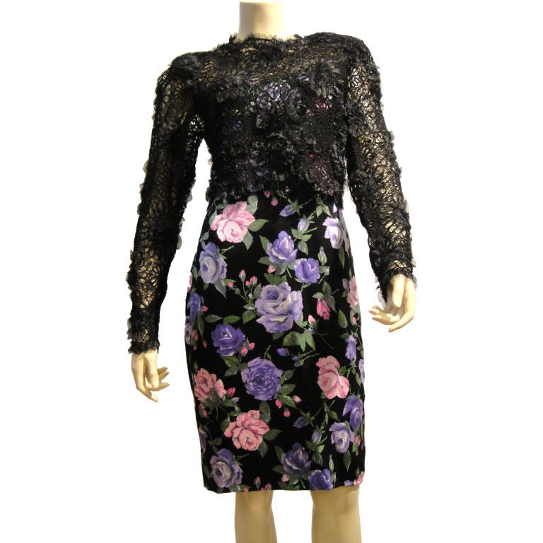 Galanos 80's Floral Print Silk Dress w/ Lace Overlay  Ensemble