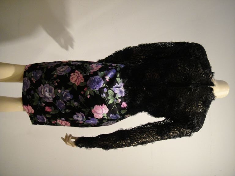 Galanos 80's Floral Print Silk Dress w/ Lace Overlay  Ensemble 1