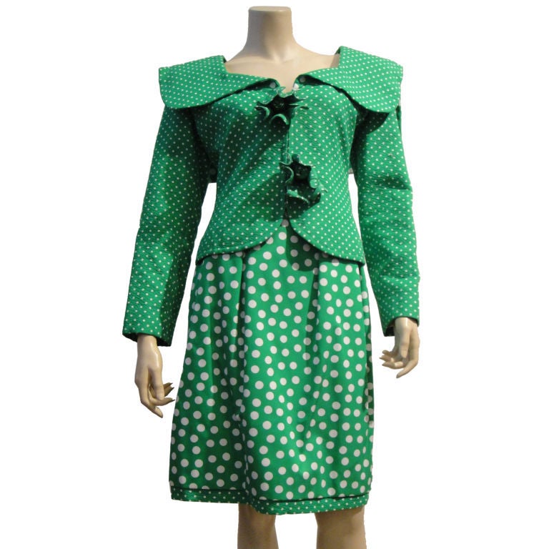Galanos '80s Whimsical Polkadot Silk Skirt Suit