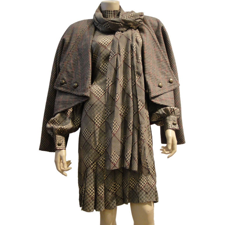 James Galanos Plaid Silk Dress w/  Wool Military Style Jacket 1