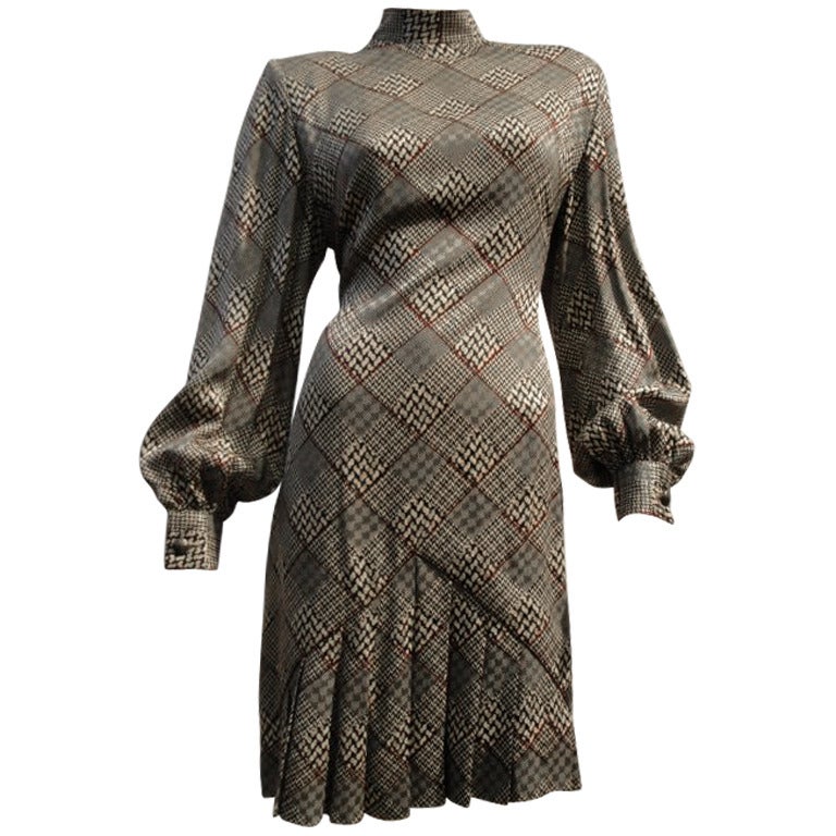 James Galanos Plaid Silk Dress w/  Wool Military Style Jacket