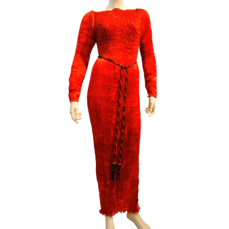 Charles and Patricia Lester Micro Pleated Flaming Red Silk Gown