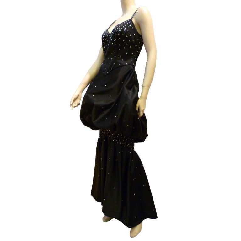 Rhinestone Studded Black Satin Fishtail Bubble Gown