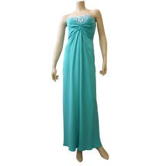 Mackie Gorgeous Turquoise Silk Crepe Strapless Gown with Beading