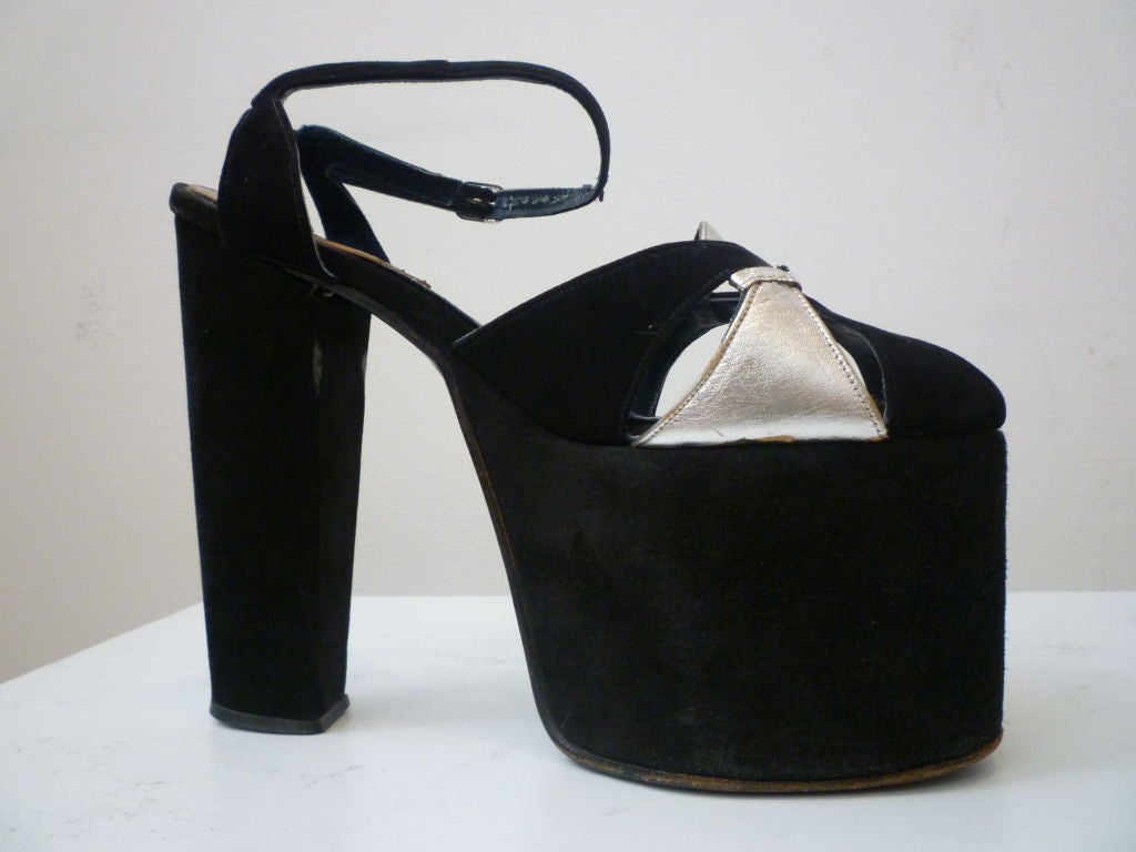 Super-Hot 1970s Silver and Black Suede Platform Shoes 1