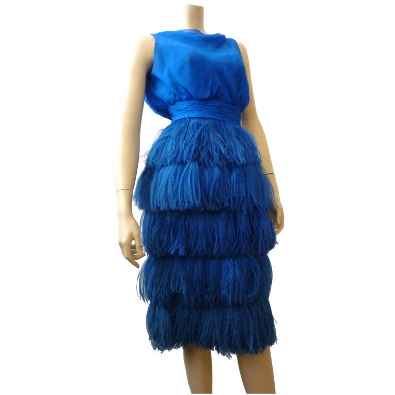 Saks 1960s Feather and Silk Chiffon Cocktail Dress w/ Low Back