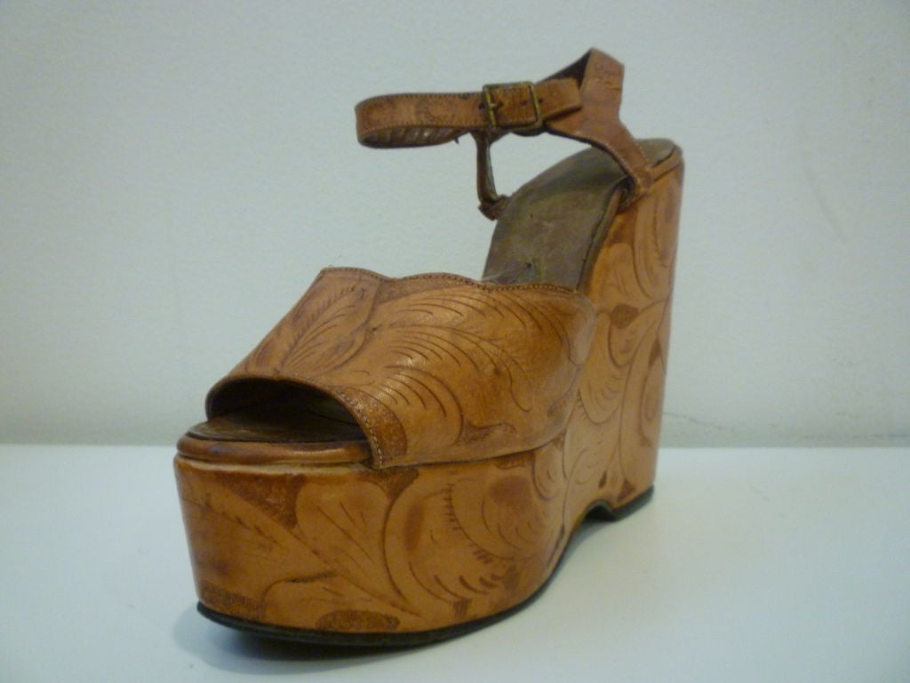 60's Western Tooled Leather Ankle-Strap Platforms