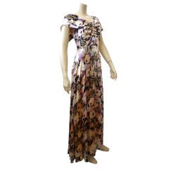 1930s Graphic Floral Print Satin Bias Cut Gown