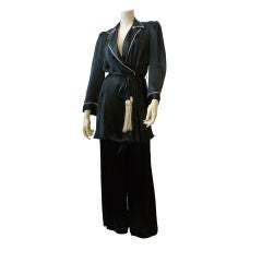 1940's Black Silk Satin Pajamas with White Piping