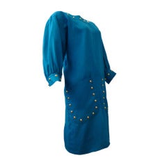 Vintage Givenchy 80s Studded Linen Chemise Dress in Vibrant Azure Blue