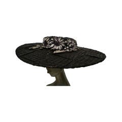 Handmade 50s Straw Cartwheel Hat w/ Floral Applique