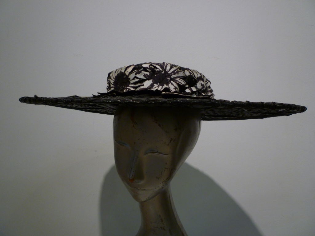 Handmade 50s Straw Cartwheel Hat w/ Floral Applique