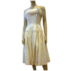 Arnold Constable 1950s Ivory Brocade Cocktail Dress w/ Fox Trim