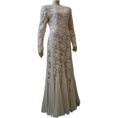 Travilla Wedding Gown of Bead Encrusted Lace and Chiffon Godets 10