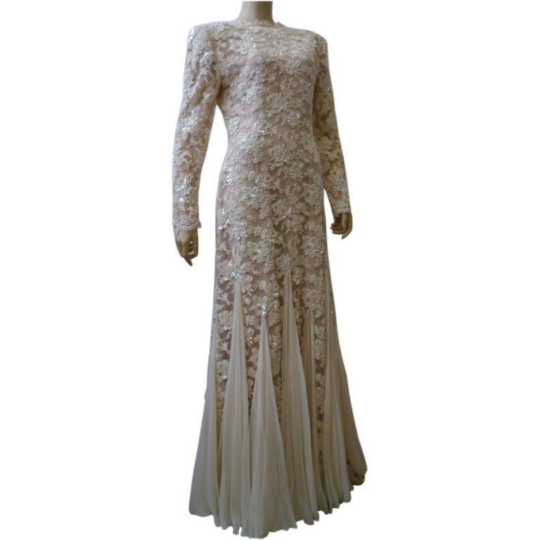 Travilla Wedding Gown of Bead Encrusted Lace and Chiffon Godets