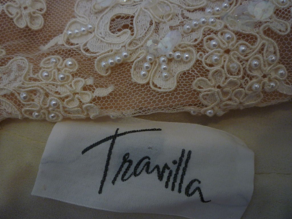Travilla Wedding Gown of Bead Encrusted Lace and Chiffon Godets 3