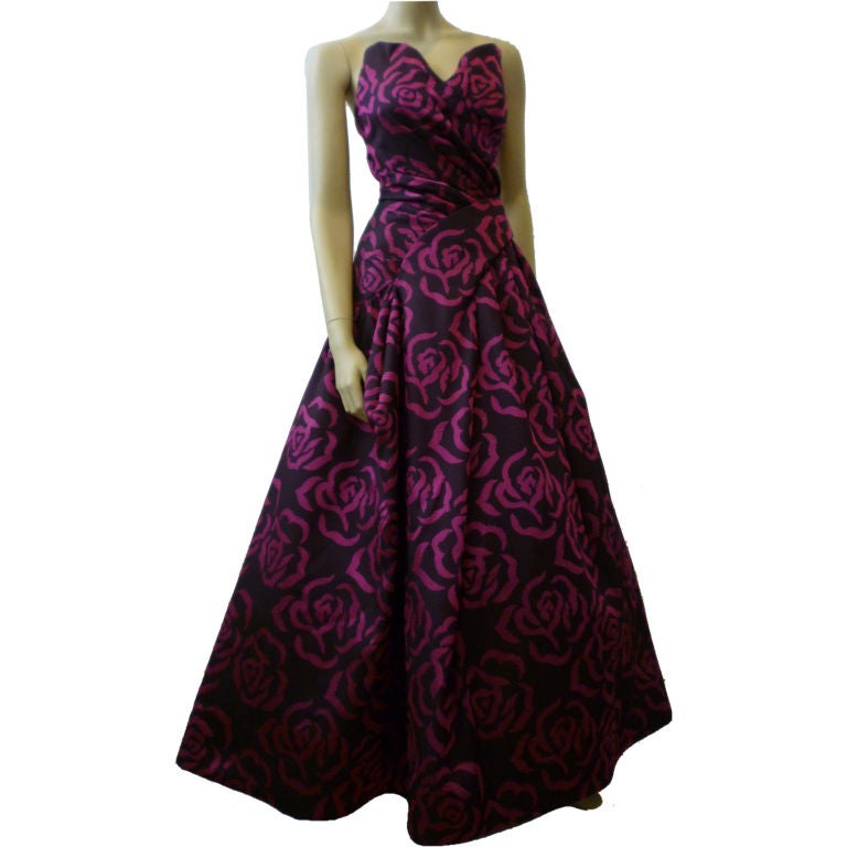 Scaasi Bold Floral Brocade Strapless Gown
