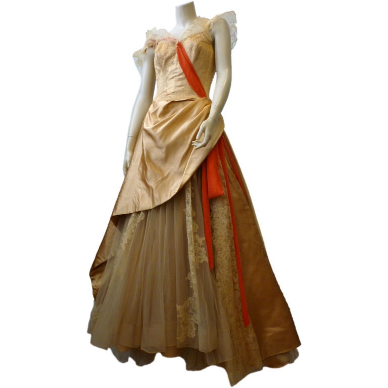 Katherine Kuhn 40s Magnificent Silk Satin Lace &Tulle Ball Gown