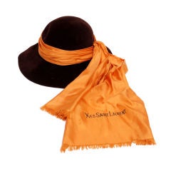 YSL Brown Beaver Felt Hat with Silk Scarf