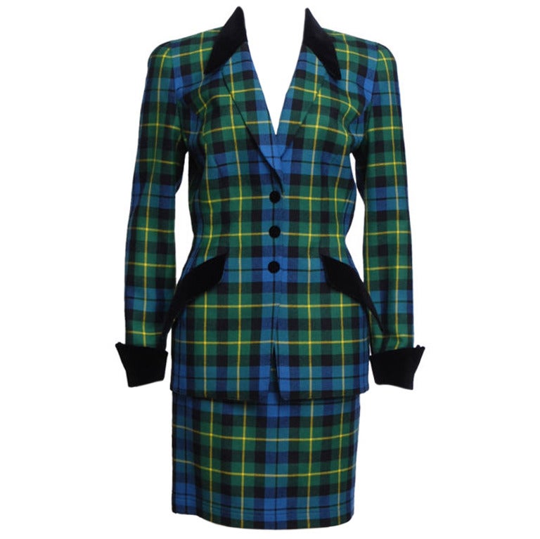 Thierry Mugler Wool Plaid Skirt Suit For Sale