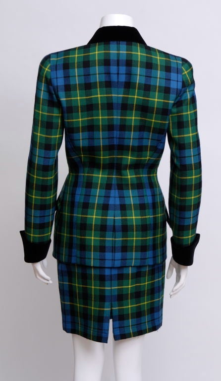 Thierry Mugler wool blue, green, yellow and black plaid skirt suit with velvet collar, cuffs, buttons and pockets.