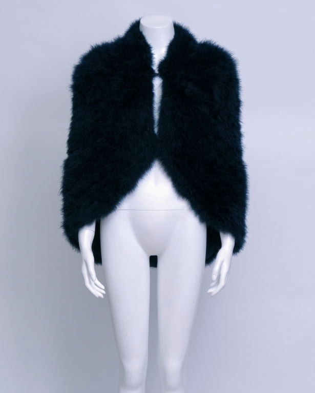 40's french navy marabou shawl, lined in navy silk with two hook closures.