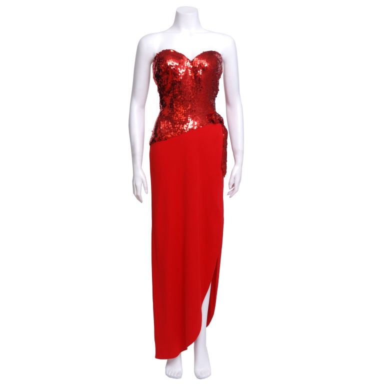 Loris Azzaro Red Sequin and Silk Strapless Gown For Sale