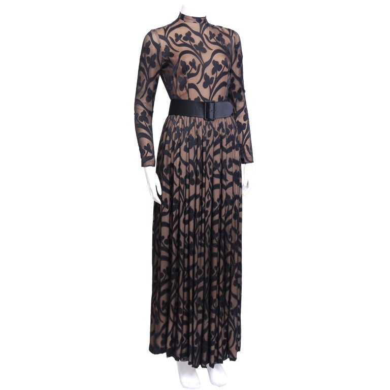 Norman Norell Black Floral Silk Chiffon Gown For Sale