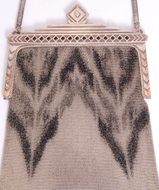 Metal mesh fringed ombre purse with snake chain strap, deco style frame.