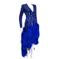 Retro Bob Mackie Blue Sequin Feather Gown