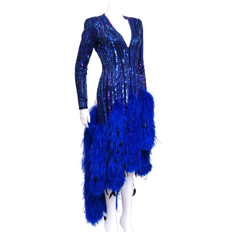 Bob Mackie Blue Sequin Feather Gown For Sale