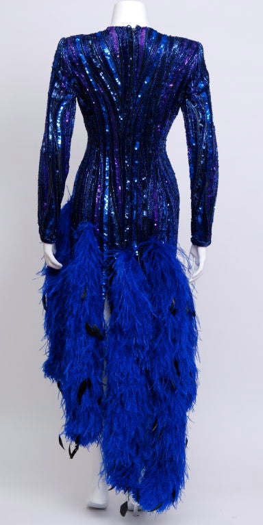 blue sequin feather dress