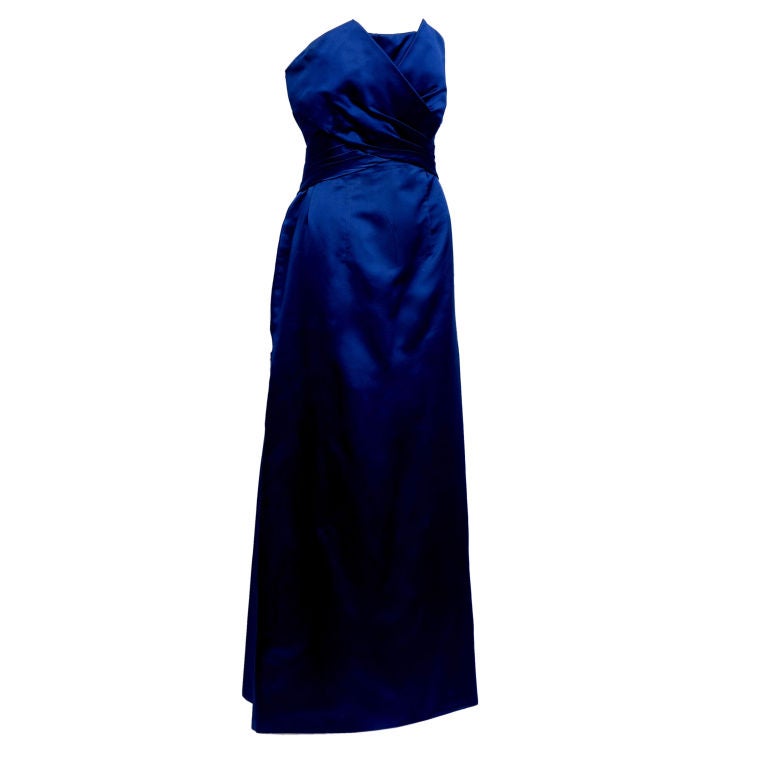 Royal Blue Silk Satin Evening Gown For Sale